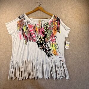 Fresh Brewed Womens White Neon Feather Graphic Fringe T-Shirt Size M NTW Y2K